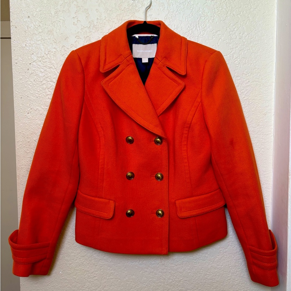 Banana Republic Orange Pea Coat Jacket Gold Buttons Lined Double Breasted Fall